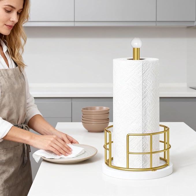 Paper Towel Holder, Kitchen Paper Towel Holder for Countertop, Gold Paper Towel Stand with Wooden Base, Freestanding Kitchen Roll Holder, for Standard Size Rolls, Gold CJ05DW