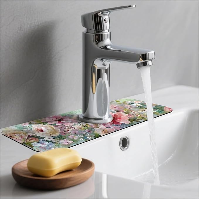 Kitchen Sink Splash Guard，soft-watercolor floral Faucet Mat Sink Gadgets-Super Absorbent Fast Drying Mat Drip Catcher for Kitchen, Bathroom,Sink Mat, Dish Drying Mat, Bathroom(15" X 5.5" )