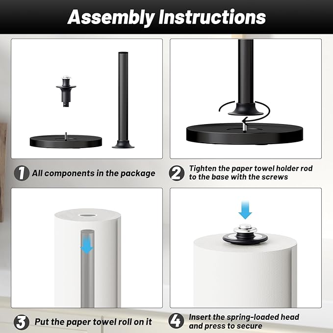VEHHE Paper Towel Holder Countertop, Black Paper Towel Holder Stand with Spring Damping for Kitchen Bathroom, One Hand Tear Paper Stainless Steel Paper Towel Holder with Weighted Base and Suction Cups