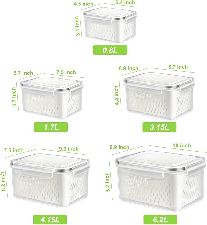 TBMAXS 5 Pack Fruit Storage Containers for Fridge, Produce Saver Vegetable Container with Drain Colanders - Refrigerator Organizer for Lettuce Keepers Berry Container