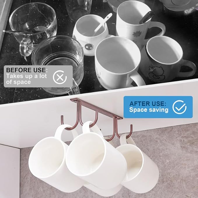 Mug Rack Under Cabinet - Coffee Cup Holder, 8 Mugs Hooks Under Shelf, Display Hanging Cups Drying Hook for Bar Kitchen Utensils Brown
