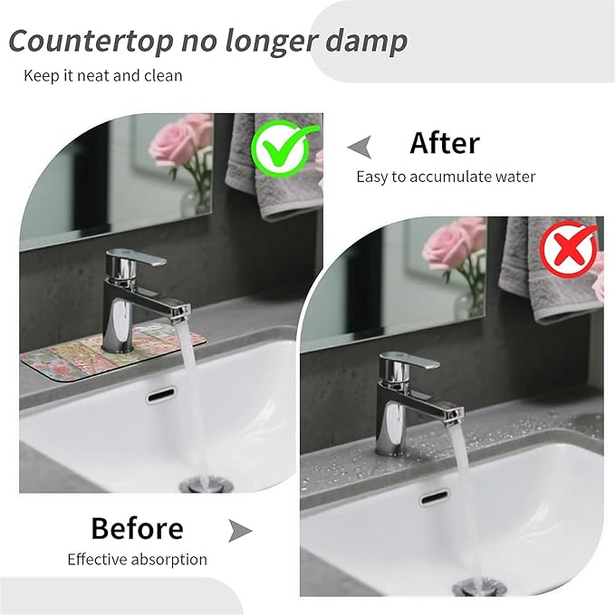 Kitchen Sink Splash Guard，Assembling flowers Faucet Mat Sink Gadgets-Super Absorbent Fast Drying Mat Drip Catcher for Kitchen, Bathroom,Sink Mat, Dish Drying Mat, Bathroom(15" X 5.5" )