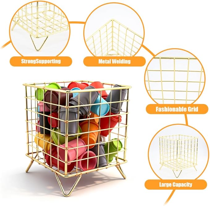 K Cup Holder Organizer, Large Capacity Metal Storage Basket for Coffee Pods, Coffee Bar and Kitchen Countertop Organizer, Desktop Office Accessories in Gold Finish