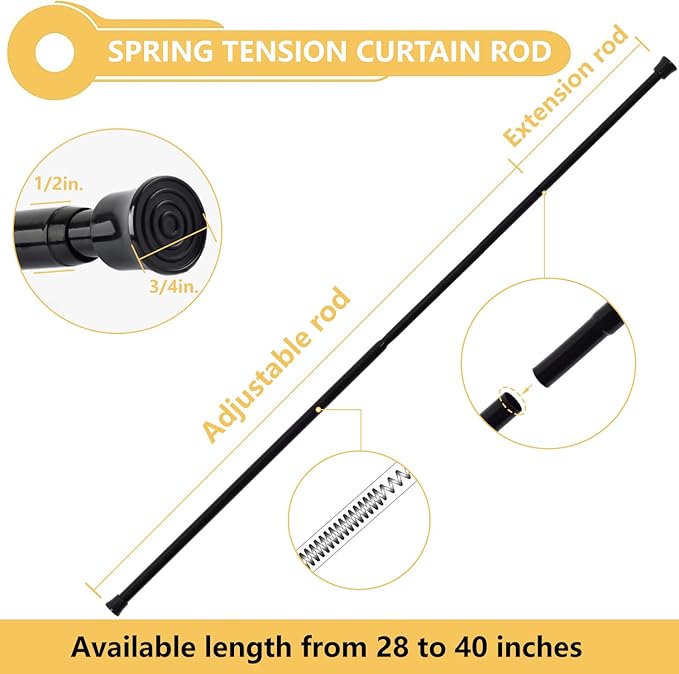 KXLife 4Pcs Tension Curtain Rod Adjustable 28-40 Inch, Small Tension Rods No Drill, Expandable Spring Loaded Tension Rods for Window (Black)