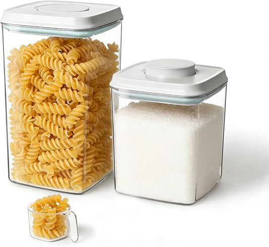 Airtight Food Containers Set with One-Touch Lid, Mixed Size Set (2.8 QT / 2.65 L & 4.2 QT / 4.0 L) with Scoop, Stackable Jars for Complete Kitchen Organization.