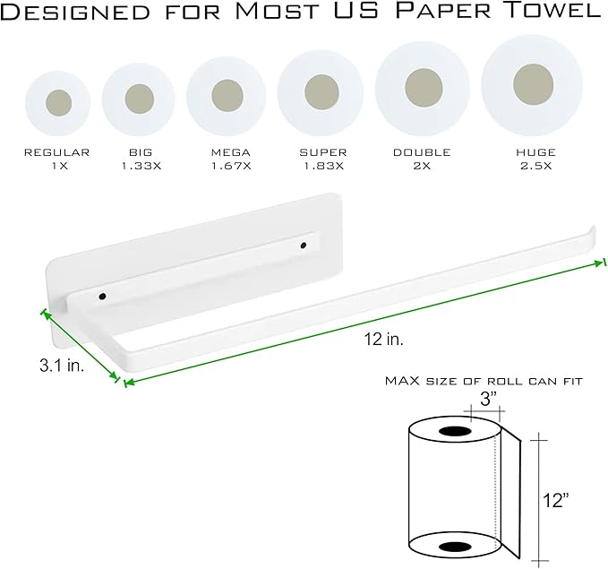 Magnetic Paper Towel Holder,White Towel Bar Rack for Refrigerator BBQ Grills Griddles Toolbox RVs Tailgates,Heavy Duty Strong Magnet Backing,12”(L) x 3”(H),Fit Most US Paper Roll