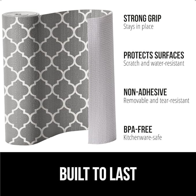 GORILLA GRIP DripGuard Shelf Liner, Non Adhesive Drawer and Kitchen Cabinet Protector, Slip Resistant BPA Free Smooth Surface Plastic Liners for Cabinets, Bathrooms, Closets, 12x240 Inch, White Gray