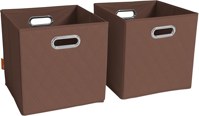 FH Group JIAessentials 12" Faux Leather Foldable Storage Cube Bins Set of 2 – Brown Diamond Patterned Organizers with Handles for Closet & Shelves