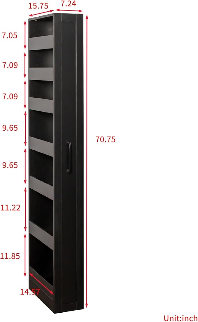 7 Tier Multi-Functional Pull-Out Storage Cart, Single-Sided Open Shelf, Slim Kitchen & Living Room Organizer, Narrow Space Storage with Handle & Wheels, Pantry Shelf for Small Spaces, Black