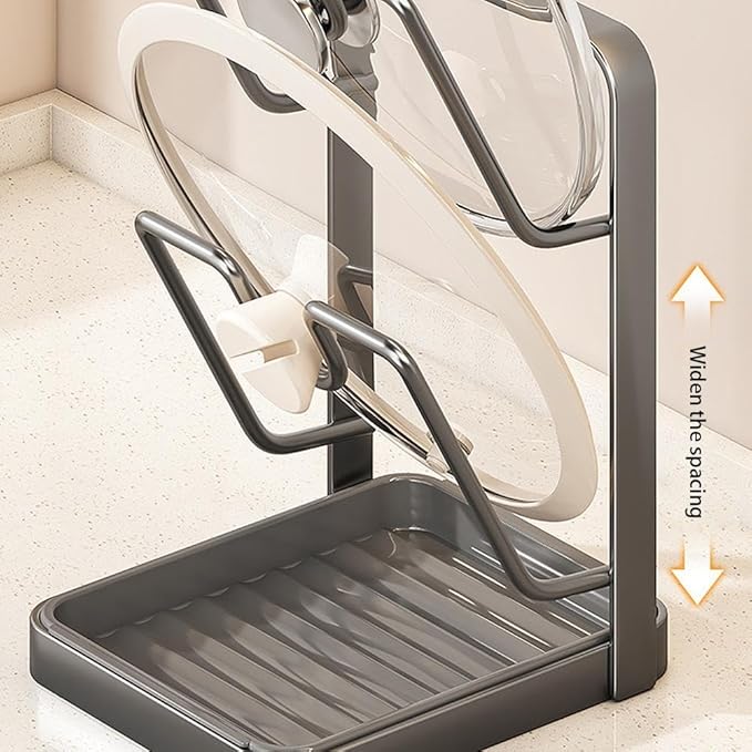 Kitchen Pot Lid Storage Rack, Pot Lid Holder With Tray,304 Stainless Steel Pots Lids Holder While Cooking, Multifunctional Kitchen Pots Cover Organizer for Countertop