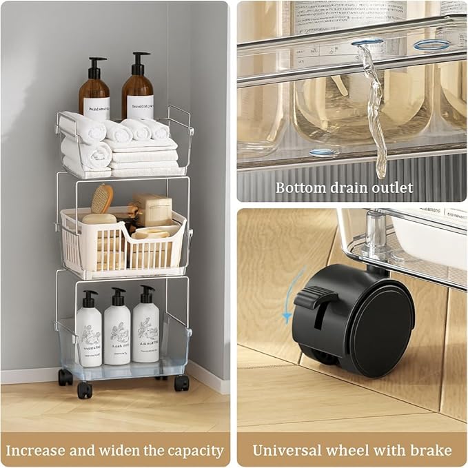 YCIA&DONE 3 Tier Rolling Storage Cart with Locking Wheels, Slim Narrow Organizer for Bathroom, Bedroom & Laundry, Clear Deep Bins, Sturdy Metal Frame, Easy Assembly Utility Trolley