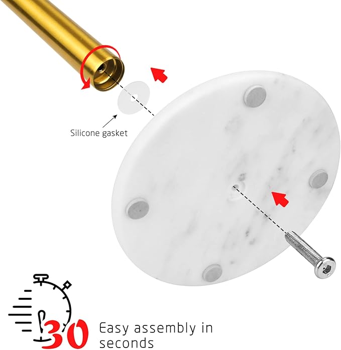 Paper Towel Holder Countertop with 7" Weighted White Marble Base - Modern Free Standing Paper Roll Holder, Brushed Gold Stainless Steel Stand Paper Towel Holder for Kitchen and Bathroom