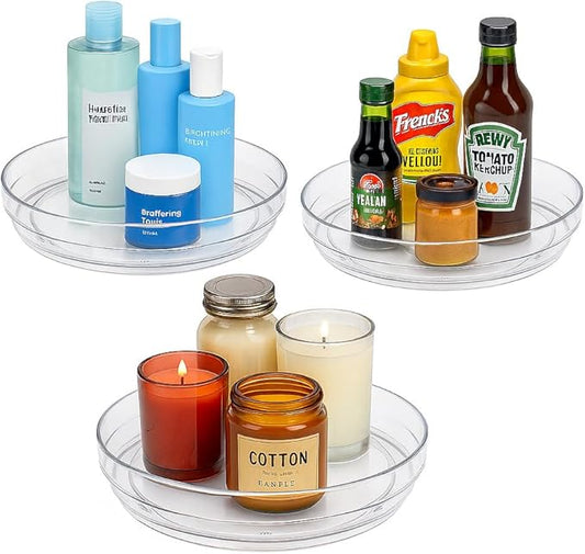 3 Pack Lazy Susan Turntable Organizer 9.25” Clear PET BPA-Free 360° Rotating Storage with Non-Skid Base & Raised Rim Thick Shatter- Plastic Spice Rack for Kitchen Cabinet, Pantry, Fridge & Bathroom