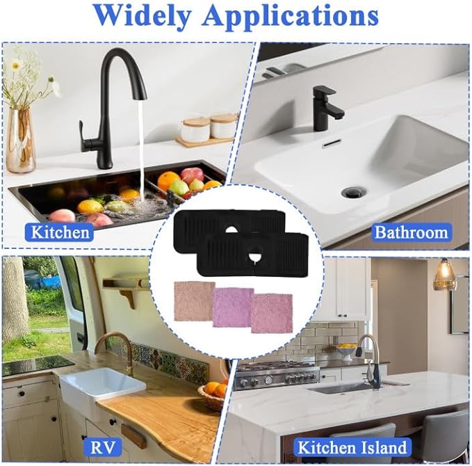 14.6 in Silicone Faucet Splash, Kitchen Sink Splash Guard, Faucet Splash Guard, Silicone Faucets Mat for Kitchen Bathroom (Black 14.6 * 5.5 * 0.7in)