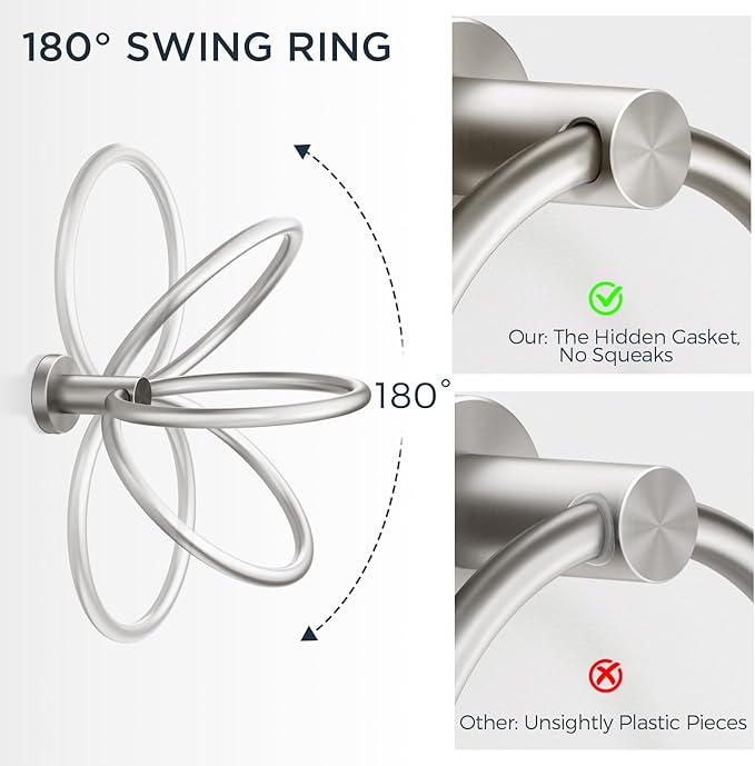 FORIOUS 4 Piece Bathroom Accessories, SUS304 Stainless Steel Toilet Paper Holder, Towel Ring and 2 Towel Hooks, Wall Mounted Bathroom Hardware Set (Brushed Nickel,Double Post Pivoting)