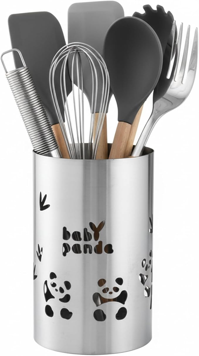 Stainless Steel Utensil Holder - Utensil Caddy, Weighted Base for Stability - Utensil Crock and Countertop Utensil Organizer, Stainless Steel Caddy Panda