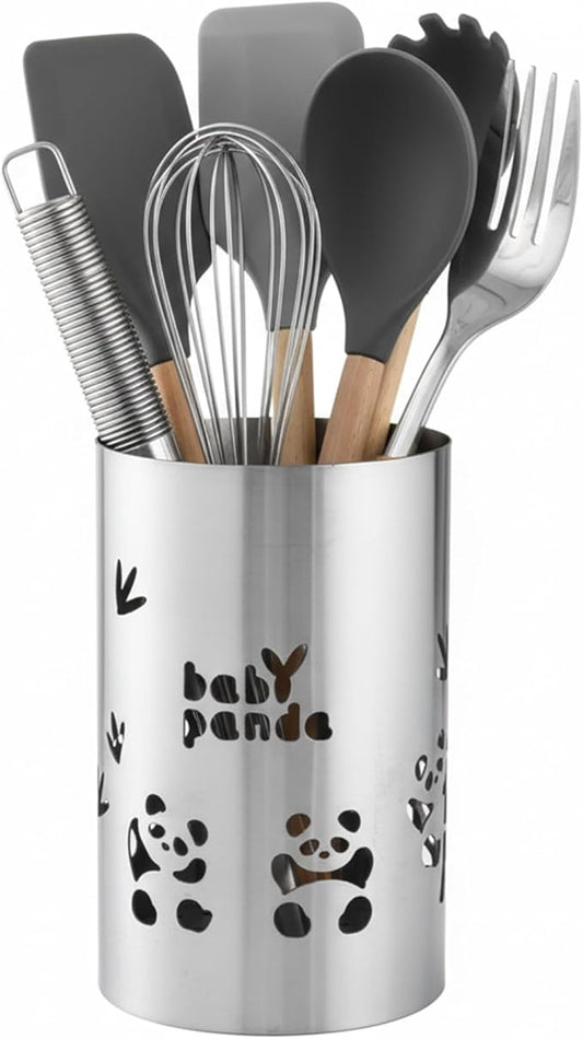 Stainless Steel Utensil Holder - Utensil Caddy, Weighted Base for Stability - Utensil Crock and Countertop Utensil Organizer, Stainless Steel Caddy Panda
