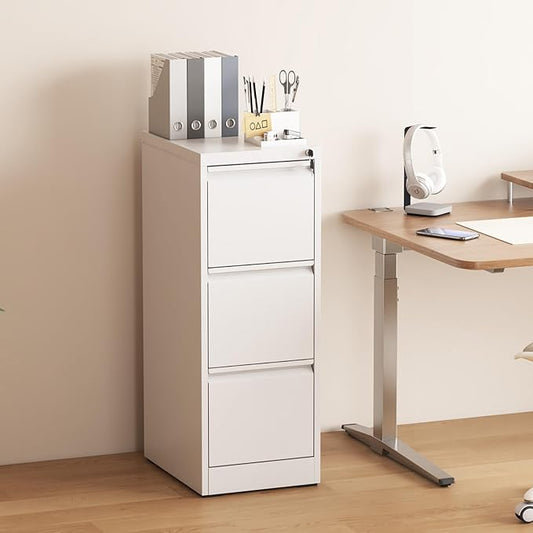 3 Drawer File Cabinet with Lock, Vertical Filing Cabinets for Home Office, Metal Storage Cabinets, Heavy Duty File Cabinet for Letter/Legal/A4/F4 Size Amsseble Required, White