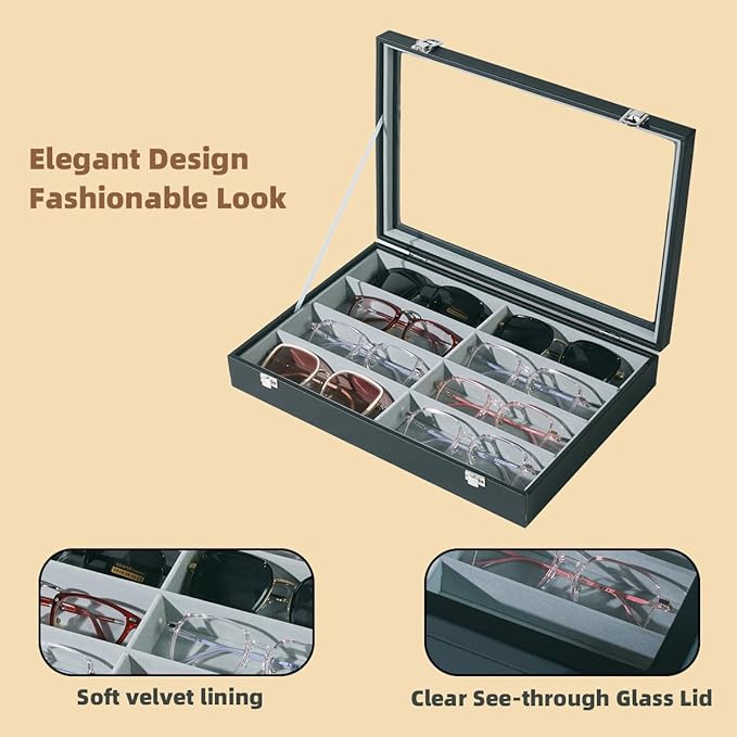 Glasses Holder Box Drawer Sunglass Organizer for Men Clear Wide Storage Case 8 Slots Multiple Reading Glasses Display, Black Leather With Clear Glass Lid