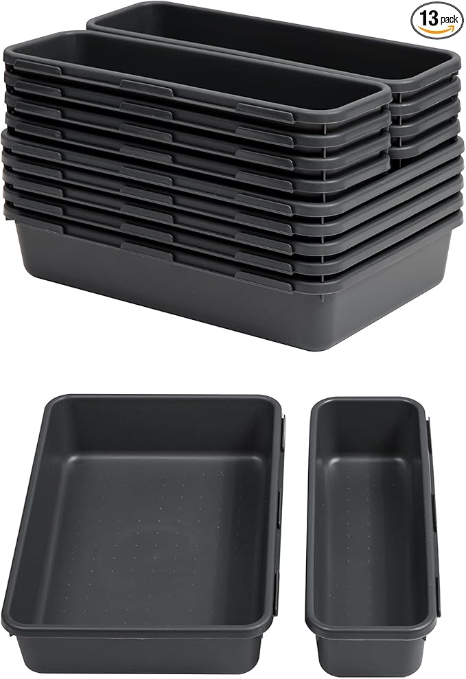 Gonice 13 PCS Drawer Organizer Tray, Interlocking Office Desk Drawer Storage, Black Plastic Organizer Bins for Office Supplies and Tools, Desk Drawer Organizer for Bathroom and Kitchen
