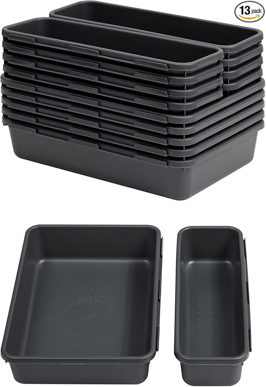 Gonice 13 PCS Drawer Organizer Tray, Interlocking Office Desk Drawer Storage, Black Plastic Organizer Bins for Office Supplies and Tools, Desk Drawer Organizer for Bathroom and Kitchen
