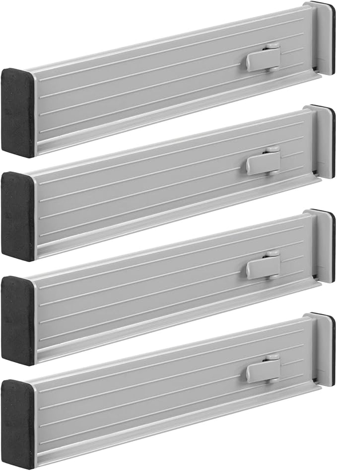 mDesign Expandable Dresser Drawer Organizer, Adjustable Drawer Divider, Foam Ends, Strong Secure Hold, Locks in Place, Separators for Closet, Cabinet Storage, Ligne Collection, 4 Pack, Gray/Black