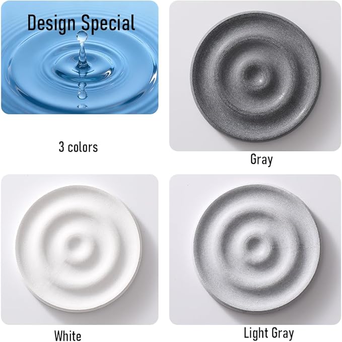 Diatomite Stone Soap Dish & Tray - Water Absorbing for Bathroom Kitchen Sink, Quick Dry Sponge Holder, Non-Slip Stand, Round Organizer Mat for Bar Soap, Drying Tray & Coaster(Light Gray)