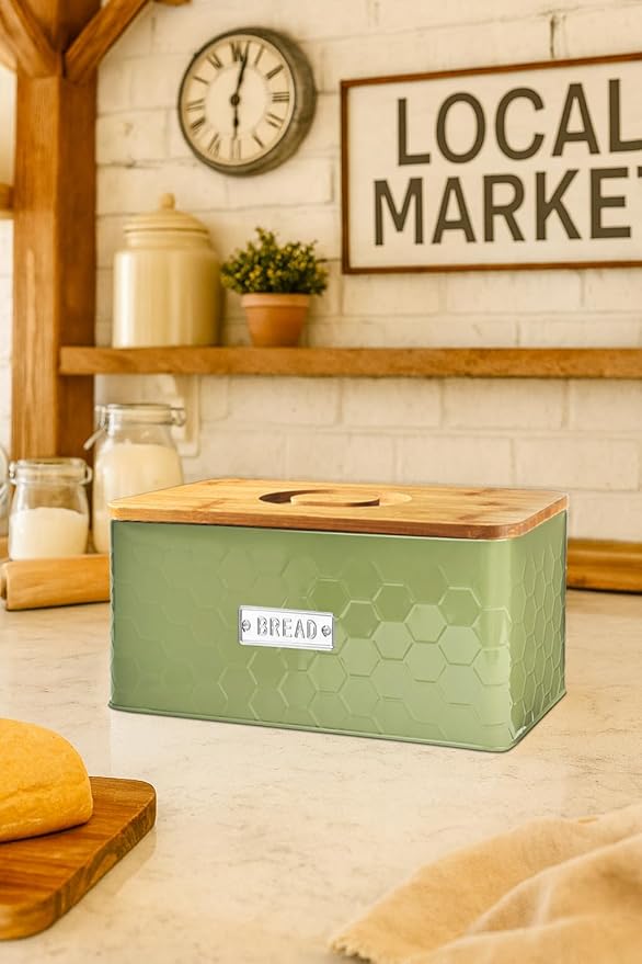 vensovo Bread Box for Countertop – Large Green Metal Bread Bin with Bamboo Cutting Board Lid, Farmhouse Bread Storage Container for Homemade Bread, Baked Goods & Kitchen Counter Organization