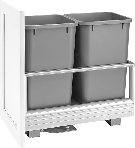 Rev-A-Shelf Double 27 Quart Pull Out Trash Can for Base Kitchen Cabinets, Storage Garage Bin on Wire Basket with Soft Close, Silver, 5149-1527DM-217