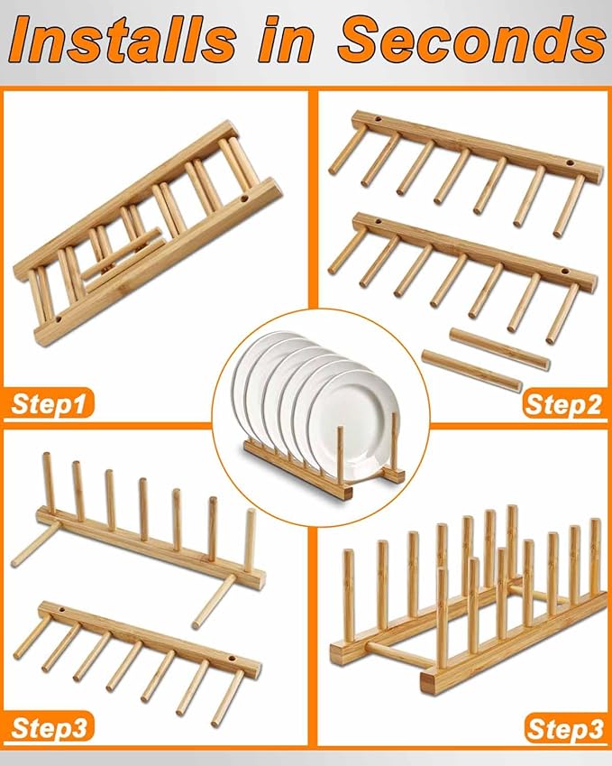 Bamboo Dish Rack, Stylish Vertical Wooden Plate Holder & Drainer, Multi-Purpose Kitchen Cabinet Organizer for Dishes, Pots, Lids, Bowls, Cups & Cutting Boards