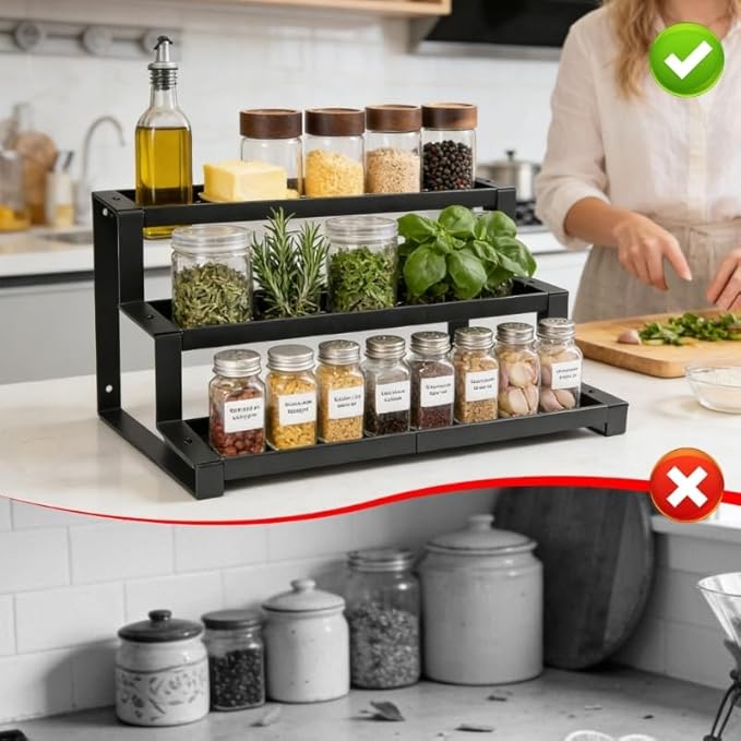 3-Tier Spice Rack Organizer, 16"-29" Expandable Adjustable Shelf, Slip-Resistant Metal Storage for Kitchen Cabinet Countertop Pantry, Seasoning Jar Bottle Display Stand, Black