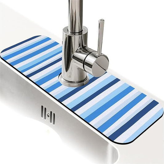 Kitchen Sink Splash Guard，Blue and white stripes Faucet Mat Sink Gadgets-Super Absorbent Fast Drying Mat Drip Catcher for Kitchen, Bathroom,Sink Mat, Dish Drying Mat, Bathroom(15" X 5.5" )