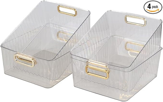 4 Pack Clear Plastic Storage Container Bins for Pantry, Fridge, Shelf, Tabletop, Cabinet