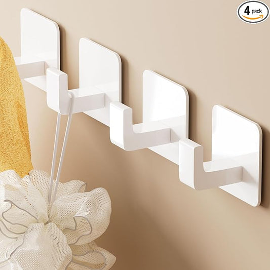 GWAAZXGZ Square Self Adhesive Towel Hooks - 4 Pack Matte White Metal Hooks, Right-Angle Design for Towels, Robes & Hats, Organize Bathroom, Kitchen, Entryway, Doors, Cabinets on Smooth Surfaces
