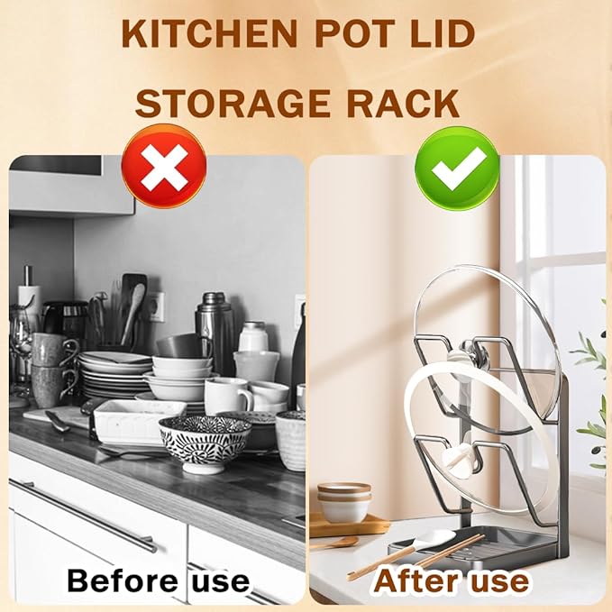 Kitchen Pot Lid Storage Rack, Pot Lid Holder for Countertop, Rust-Resistant Steel Lid Holder While Cooking, Multifunctional Spoon Rest with Removable Drip Tray (Gray, Double-layer)