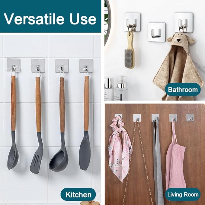 EDMILE Adhesive Towel Hooks, 8 Pack Self Adhesive Coat Sticky Hooks for Hanging, Stainless Steel Stick on Wall Hat Hook, Bathrooms Kitchen Livingroom Garage, Silver