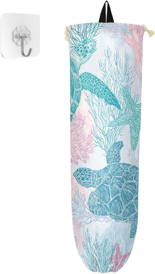 Plastic Bag Holder Wall Mount Grocery Bag Shopping Bag Storage Holder Organizer Dispenser with Adhesive Hook,for Kitchen Bathroom Home Decor 9x22 Inches Simple Turtles Starfish Coral25