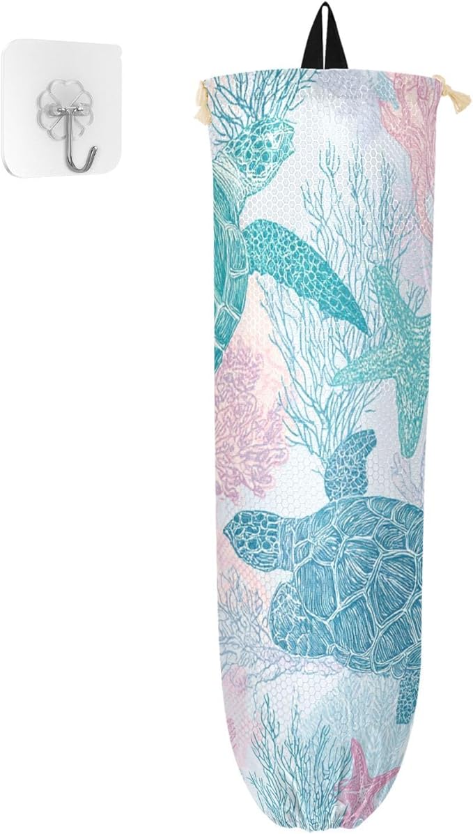 Plastic Bag Holder Wall Mount Grocery Bag Shopping Bag Storage Holder Organizer Dispenser with Adhesive Hook,for Kitchen Bathroom Home Decor 9x22 Inches Simple Turtles Starfish Coral25