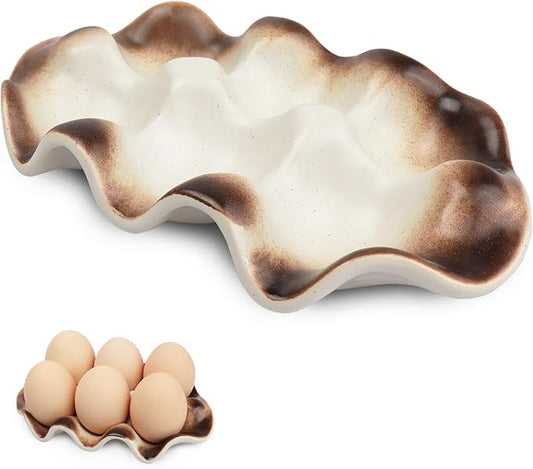 Ceramic 6 Cups Egg Tray,Half Dozen Porcelain Egg Holder Container Keeper Storage Organizer, Decorative Serving Stand Serveware for Refrigerator Fridge Countertop Display Kitchen (Brown)