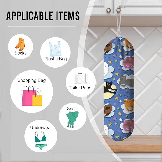 Cats Plastic Bag Holder, Hanging Shopping Bags Storage Dispenser, Cute Animal Fabric Garbage Trash Bag Dispenser for Home Kitchen Pantry Cabinet, Wall Mount, Housewarming Gifts for Kitchen