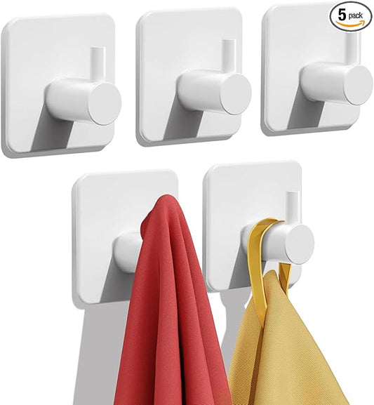 Auxmir Adhesive Hooks Heavy Duty 30lb(Max) Wall Hooks, 5 Pack Self Adhesive Damage Free Towel Rack, Stainless Steel for Coat Robe, Waterproof Oilproof Rustproof for Bathroom Shower Kitchen Office