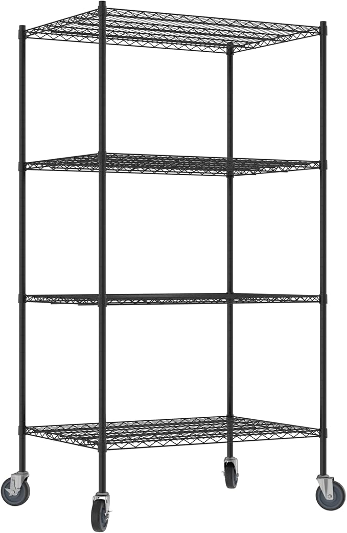 Commercial NSF Listed Black Epoxy Mobile Wire Shelving Kit 30" x 42" x 80", with 4 Shelves Perfect for Warehouse, Walk-in Refrigerator, Freezer, Grocery Store, Restaurant, Dishroom