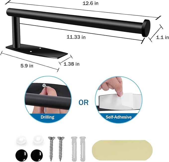Paper Towel Roll Rack - Under Cabinet Stainless Steel Towel Holder - Black