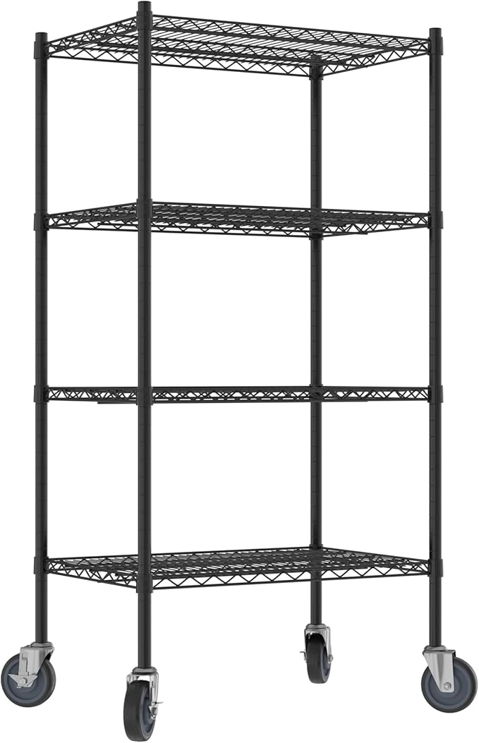 Commercial NSF Listed Black Epoxy Mobile Wire Shelving Kit 21" x 30" x 60", with 4 Shelves Perfect for Warehouse, Walk-in Refrigerator, Freezer, Grocery Store, Restaurant, Dishroom