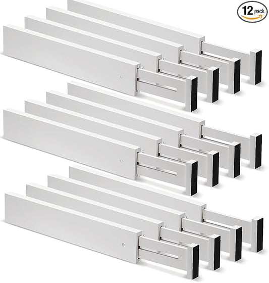 Wesiti 12 Pieces White Bamboo Drawer Dividers Expandable Organization Separators Adjustable Drawer Dividers Dresser Organizer for Kitchen Bedroom(13''-17'')