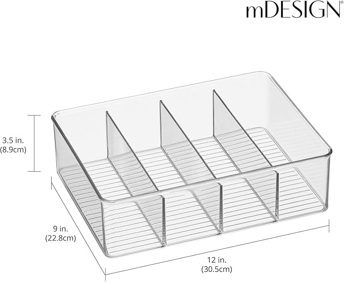 mDesign Plastic Stackable Tea Bag Storage Organizer Bin with 4 Divided Compartments - Holder for Kitchen Cabinet, Pantry, Countertop - Holds Sugar Packets, Coffee Pods, Ligne Collection, 2 Pack- Clear