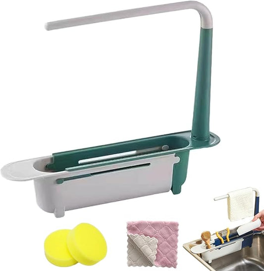 Updated Telescopic Sink Storage Rack, Dish Drying Rack over the Sink, Expandable Slim Drain Basket, Multifunctional Caddy Adjustable Kitchen Sponge Holder, for Counter Space Bathroom (1 PCS-Green)
