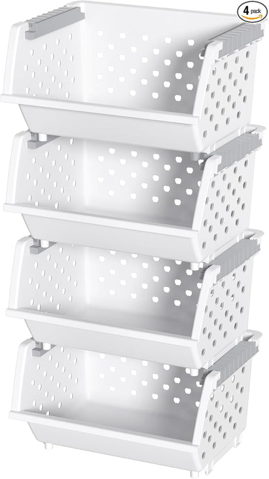 4 Pack Plastic Stacking Basket Organizer, Large Kitchen Open Front Stacking Storage Bins, White