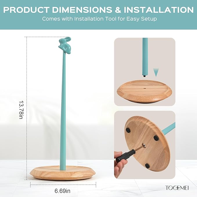 Wooden Paper Towel Holder Countertop, Cute Bunny Design - Natural Solid Wood Base with Iron Rod,Paper Towel Holder countertop for Kitchen Roll Organizing, Dining Table & Home Décor