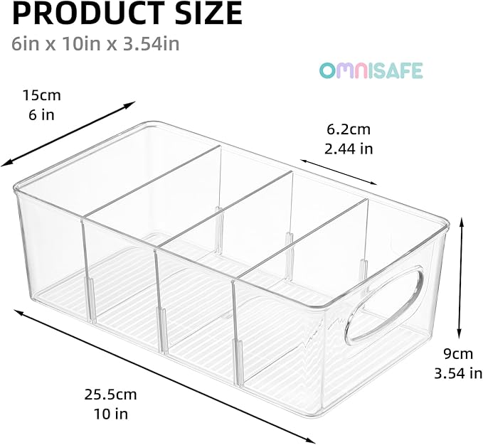 4-Section Divided Storage Plastic Bins, Clear Plastic Food Storage Organizer for Kitchen, Snacks, Spice Packets,Pouches, Stackable Tea Bag Storage Bin (6 Pack)